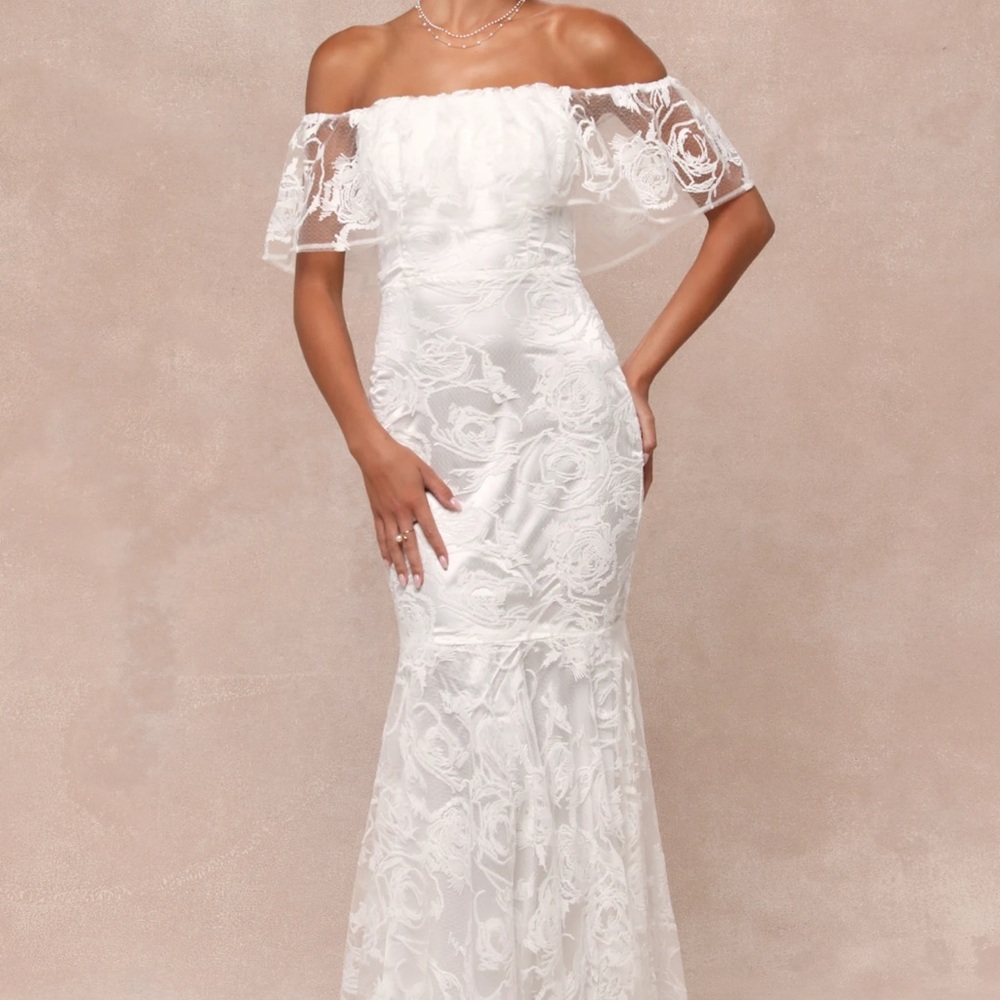 Lulu's White Flutter Sleeve Off-Shoulder Bridal Gown